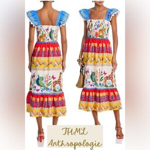 THML Tropical Animal Print Smocked Midi Dress Small Anthropologie NWT